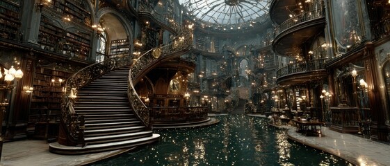 A grand library with floating books, spiraling staircases, and glowing magical texts