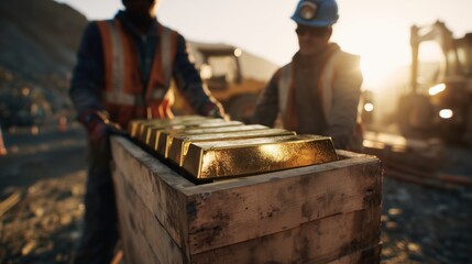 Workers Transporting Gold Bars During Sunset in an Industrial Mining Site
