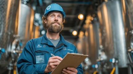 Industrial Worker in Blue Uniform with Clipboard in Factory Setting Observing Machinery Operations