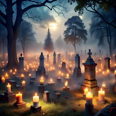 Cemetery at night with glowing candles and fog graveyard
