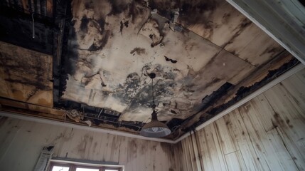 Obraz premium Burnt ceiling and walls depicting fire damage aftermath