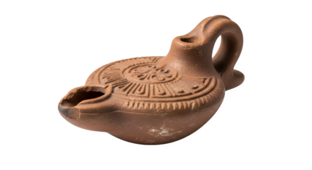 Ancient clay oil lamp isolated on transparent background, showcasing its historical significance and intricate design, a relic of the past used for providing light