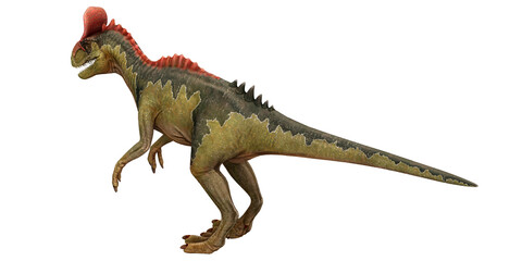 Fototapeta premium Colorful dinosaur with a red crest on a white background.