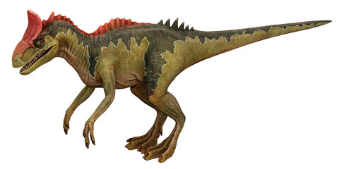 3D rendering of a colorful dinosaur.