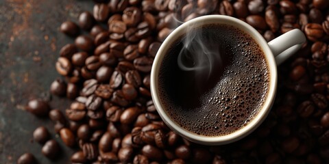Fototapeta premium Freshly Brewed Coffee in White Cup Surrounded by Roasted Coffee Beans and Steam Rising