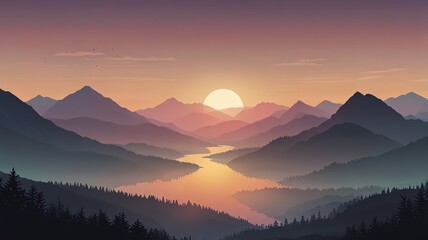 Obraz premium Serene mountain valley landscape at sunrise, with a glowing sun and soft fog.