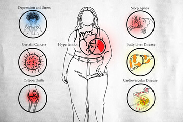 Medical infographic showing health risks associated with obesity, including hypertension, cardiovascular disease, sleep apnea, fatty liver disease, osteoarthritis, certain cancers, and mental stress.