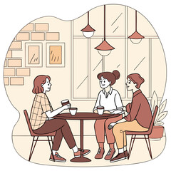 Three friends enjoying coffee and conversation together at a cozy cafe table with warm lighting