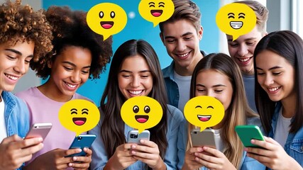 Group of diverse teenagers happily using mobile phones, texting and interacting on social media with digital emoji speech bubbles - Powered by Adobe