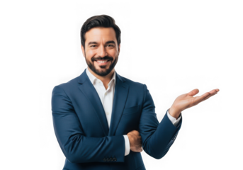 Confident businessman gesturing open hand presenting opportunity business professional person isolated on transparent background