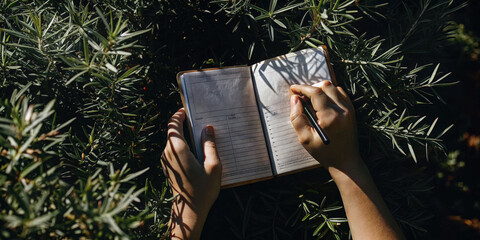 Open planner with hands writing surrounded by green leaves showing financial planning and flexibility in nature