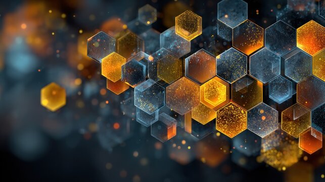 Abstract digital art background with hexagon shapes in orange and blue color tones