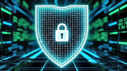 Shield icon with padlock representing cybersecurity, data protection, and secure data transfer across a digital network - Powered by Adobe