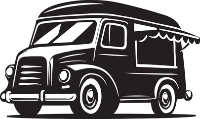 a simple black silhouette of a food truck icon