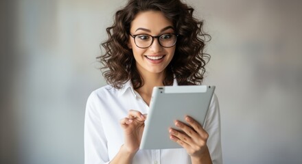 A smiling young woman in glasses holds a tablet, suggesting technology and communication. Her curly hair and casual style create a friendly, modern impression.