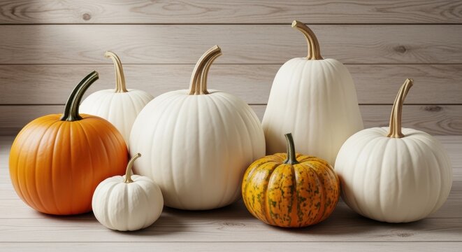 An array of vibrant pumpkins and gourds in various sizes and hues, creating a seasonal autumn display on a rustic wooden surface. Perfect for holiday decor or Thanksgiving celebrations. - Powered by Adobe