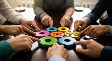 A group of diverse hands coming together to assemble a colorful gear mechanism, symbolizing teamwork, collaboration, and problem-solving in a business or corporate setting.