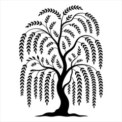 Weeping Willow Tree Silhouette Vector Nature Tree Illustration, Willow Tree Clipart Black Silhouette of Weeping Willow Vector Graphic, Silhouette Willow Tree Vector Decorative Weeping Tree.