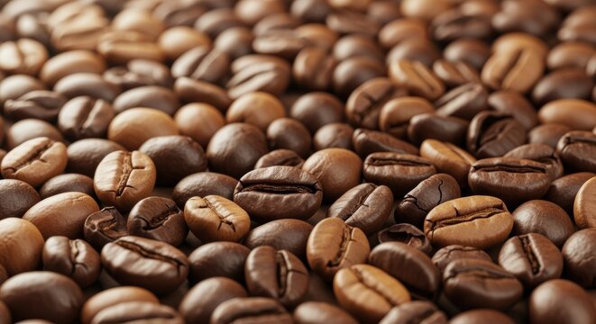 Closeup of fresh, roasted coffee beans with rich, warm brown color and glossy, oily appearance indicating high quality and freshness. Intricate textures and unique shapes showcase the beans' details.