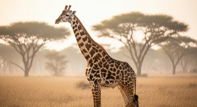 A majestic giraffe stands in a savanna landscape with acacia trees. Its distinctive spotted pattern and long neck are the focal points, showcasing the beauty of this iconic African animal. - Powered by Adobe
