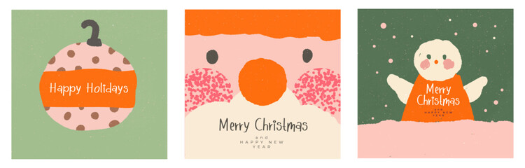 Christmas card set featuring Santa Claus face, snowman, and Christmas ornament. Cozy pastel winter design perfect for holiday greeting cards, posters, or festive decor.