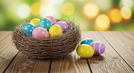 A woven nest filled with a variety of colorful polka dot Easter eggs sitting on a rustic wooden surface. The background is blurred with warm lighting, creating a festive and cheerful atmosphere.