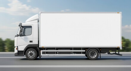 White delivery truck drives on a road with blurred green trees.