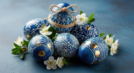 Elaborately decorated blue Easter eggs with intricate white patterns, surrounded by delicate white flowers and green leaves, arranged on a dark background for a festive display.