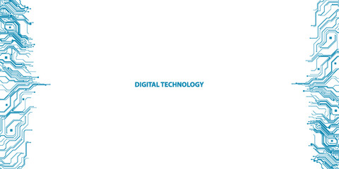 Horizontal web banner. Circuit board technology background with AI chip and computer components. Abstract electronics tech innovation concept. Blue wires on white bg. Cyber pattern vector Illustration