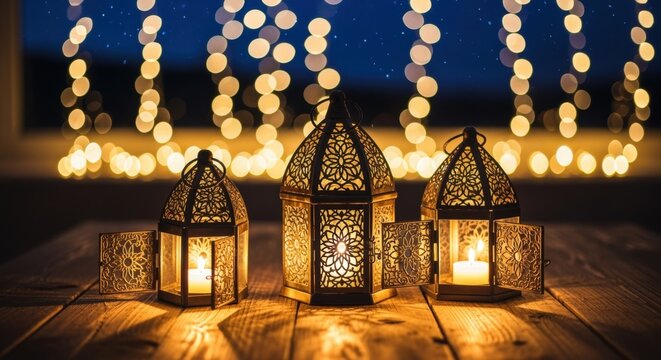 Ornate lanterns with flickering candles against a starry night sky. Intricate patterns cast a warm glow on the wooden surface, evoking a sense of festivity.