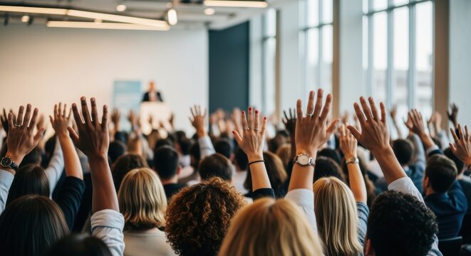 A large crowd of people enthusiastically raising their hands during an event. The focused hands suggest an engaged audience, with blurred faces in the background.