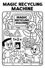 Kids and a cheerful turtle operating a magic recycling machine that makes a flower from trash.
