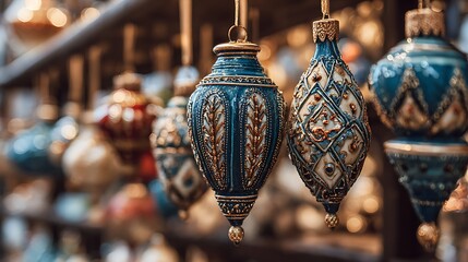 Traditional china and ceramic Christmas ornaments on a tree, featuring handmade gold decoration and an old pattern