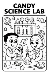 Cheerful kids wearing lab coats conducting a sweet science experiment with beakers and candy in a lab.