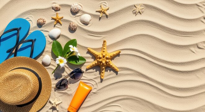 A collection of summer beach items including a straw hat, sunglasses, starfish, seashells, and sunscreen on a sandy background with wave-like patterns, creating a tranquil scene.