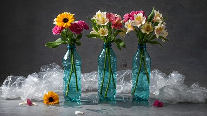 Elegant flower vases with colorful blooms on reflective surface