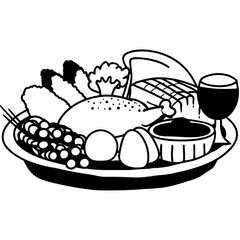 Fototapeta premium Vector art of a black and white illustration of a thanksgiving dinner plate, featuring turkey, corn, and other traditional dishes