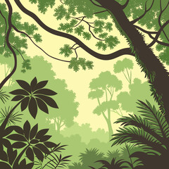 Vector art of a lush green jungle canopy with dense foliage, creating a vibrant and immersive tropical forest scene, perfect for nature, adventure, and exotic themes © MDashik