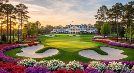Fototapeta premium Expansive, manicured golf course surrounded by lush pines, colorful flowers, and a grand clubhouse. Intricate sand traps and vibrant fairways create a stunning golfing experience.