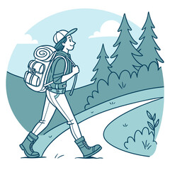 Vector art of a young woman with a backpack is hiking on a trail through the forest, enjoying the fresh air and the beautiful scenery