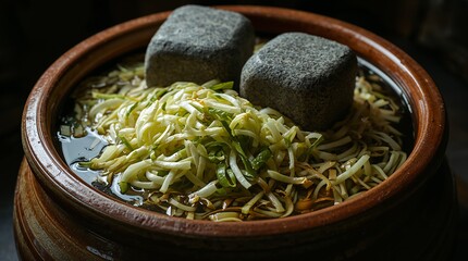 Fermented vegetables in clay pot with stones for weight  