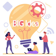 Vector art of diverse team brainstorming a big idea, with a lightbulb representing innovation and collaboration, people working together on new project
