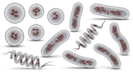 3D Illustration of Different Types of Bacteria Cells