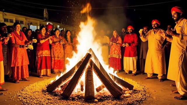 People gathering around a traditional bonfire, celebrating Lohri, a vibrant Punjabi festival in India, sharing warmth and joy