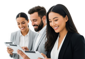 Diverse business team collaborating on digital documents smiling and engaged isolated on transparent background