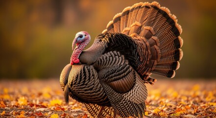 Vibrant wild turkey with colorful feathers amid autumn leaves in natural setting. Striking appearance and warm, autumnal colors create visually appealing scene.