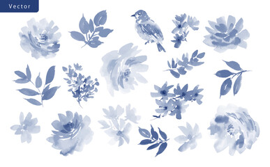 Watercolor floral clipart set with abstract hand painted indigo blue peonies, wildflowers, bird and leaves. Vector monochrome floral illustrations for wedding invitation and stationery. © Sawango