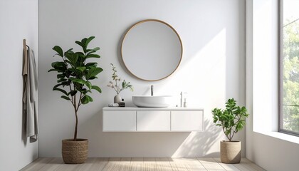 Bathroom interior design emphasizing light, plants, and a round mirror, Minimalist bathroom with green plants and natural light pouring from a large window