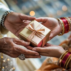 Close-up of two sets of hands exchanging a gift box. A tender image of Diwali celebration, giving, and intergenerational tradition in Indian culture.
