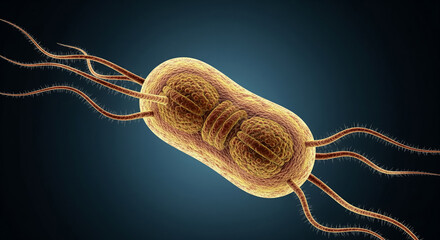 Orange Bacterium Dividing with Long Flagella